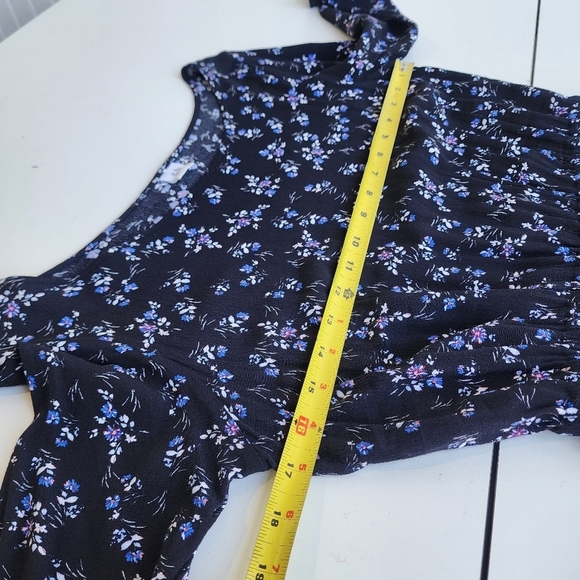 Gap Black Blue Floral Print Faux Wrap 3/4 Sleeve Ladies Dress Ruffle Petite XS - Picture 10 of 14